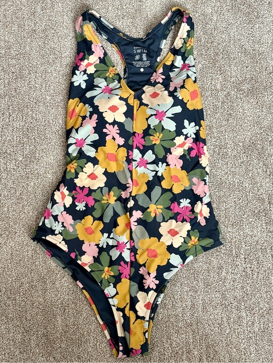 DownEast Other - Floral One-Piece Swimsuit in Navy with Yellow & Pink Blooms DownEast Small